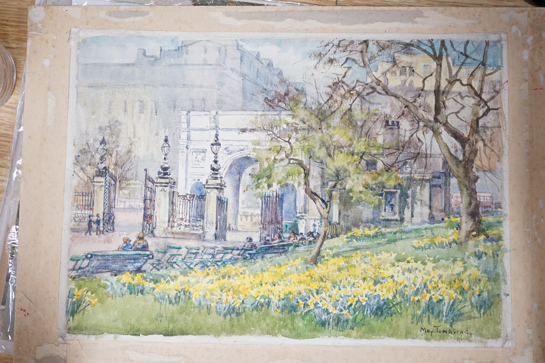 Harold Samuel Merritt and May Townsend, five watercolour landscapes by Merritt, Westmorland, Brittany and Shoreham Kent, largest 28 x 40cm, and two London Park views by Townsend, Kensington Gardens and Marble Arch, large